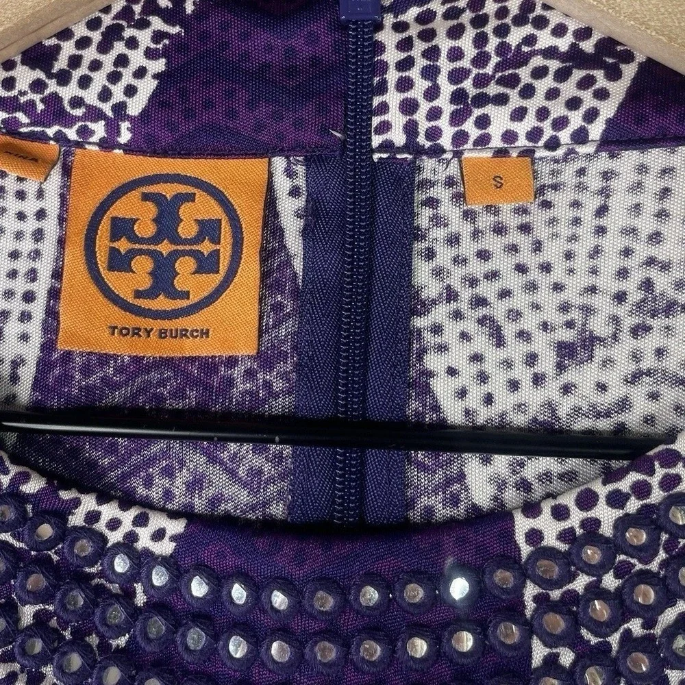Tory Burch Silk‎ Paisley Mini Dress Womens Small Purple Embellished Long Sleeve